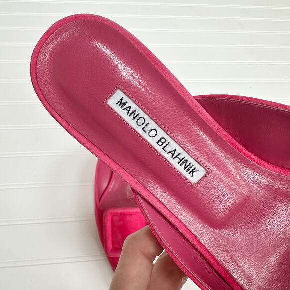 Manolo Blahnik Maysale Flat Mule Buckle Shoe Ballerina Pointed Toe Bright Pink - Picture 3 of 10